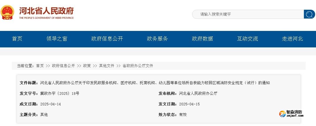 河北省人民政府辦公廳關(guān)于印發(fā)民政服務(wù)機(jī)構(gòu)、醫(yī)療機(jī)構(gòu)、托育機(jī)構(gòu)、幼兒園等單位場(chǎng)所自救能力較弱區(qū)域消防安全規(guī)定（試行）的通知